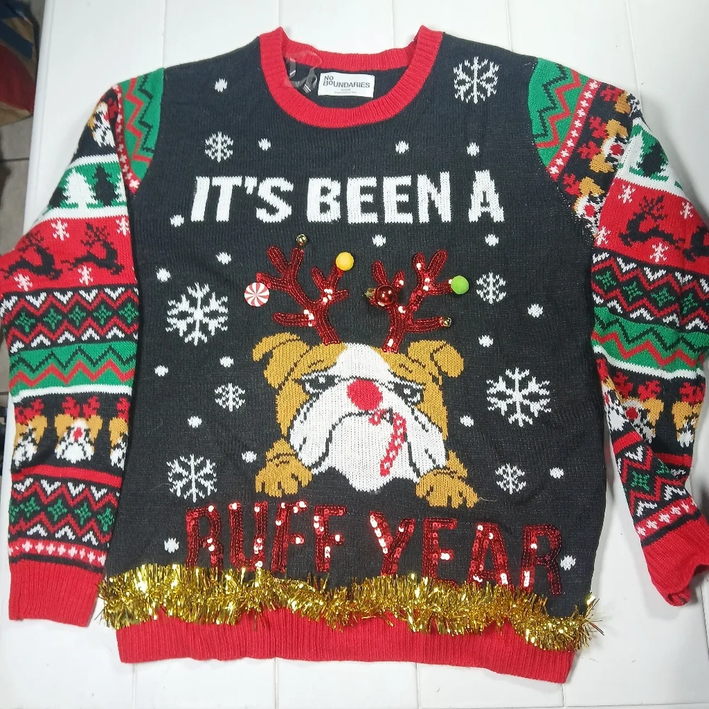 Women's XL Christmas Holiday Ugly Sweater Bull Dog “ It’s been a ruff year” - Picture 10 of 12
